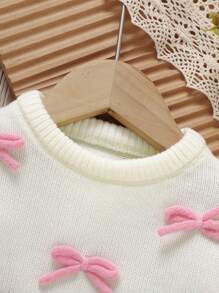 1pc Baby Girl Ivory Knitted Sweater With 3D Bow Decor, Round Neck Long Sleeve Cute Pullover Top, Fashion Baby Girl Sweater Newborn Sweater Baby Knitwear Bow Sweater Baby Girl Jumper Bow Baby Baby Girl Pink Bow White Sweater Fall Winter For Autumn Winter Baby Autumn Sweater Baby Girls Winter Clothes Baby Girls Fall Clothes Baby Girl Fall Outfits - White - View 3