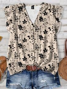 EMERY ROSE Casual Vintage Floral Pattern Khaki Plus Size Shirt, Suitable For Summer Chic Blouses For Women - Multicolor - View 1