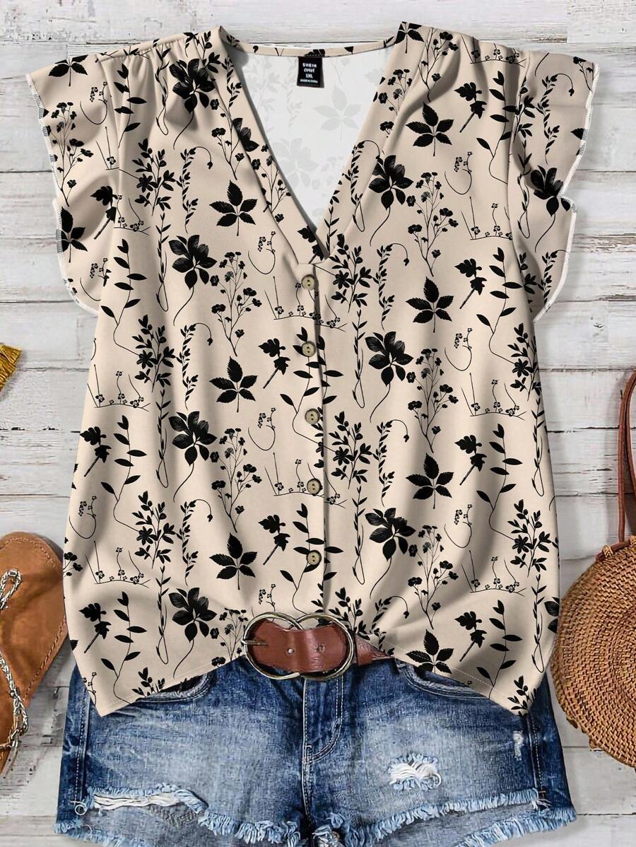 EMERY ROSE Casual Vintage Floral Pattern Khaki Plus Size Shirt, Suitable For Summer Chic Blouses For Women - Multicolor - View 1