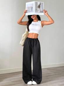 SHEIN EZwear 女款休閒條紋寬腿褲，適合日常穿著，低腰，返校季，秋冬百搭褲 - 彩色 - 查看 6