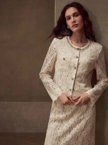 MOTF PREMIUM Conjunto elegante y exquisito de chaqueta de encaje con cuentas y falda con bajo de sirena, de moda y sexy para mujeres - Albaricoque - Ver 4