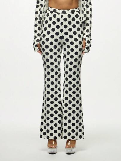 SUMWON WOMEN Polka Dot Flared Pants Festival Y2K High Waist Retro Disco Bell Bottom Dancing Clubwear Party Evening Wide Leg Trousers With Clear Platform Heels