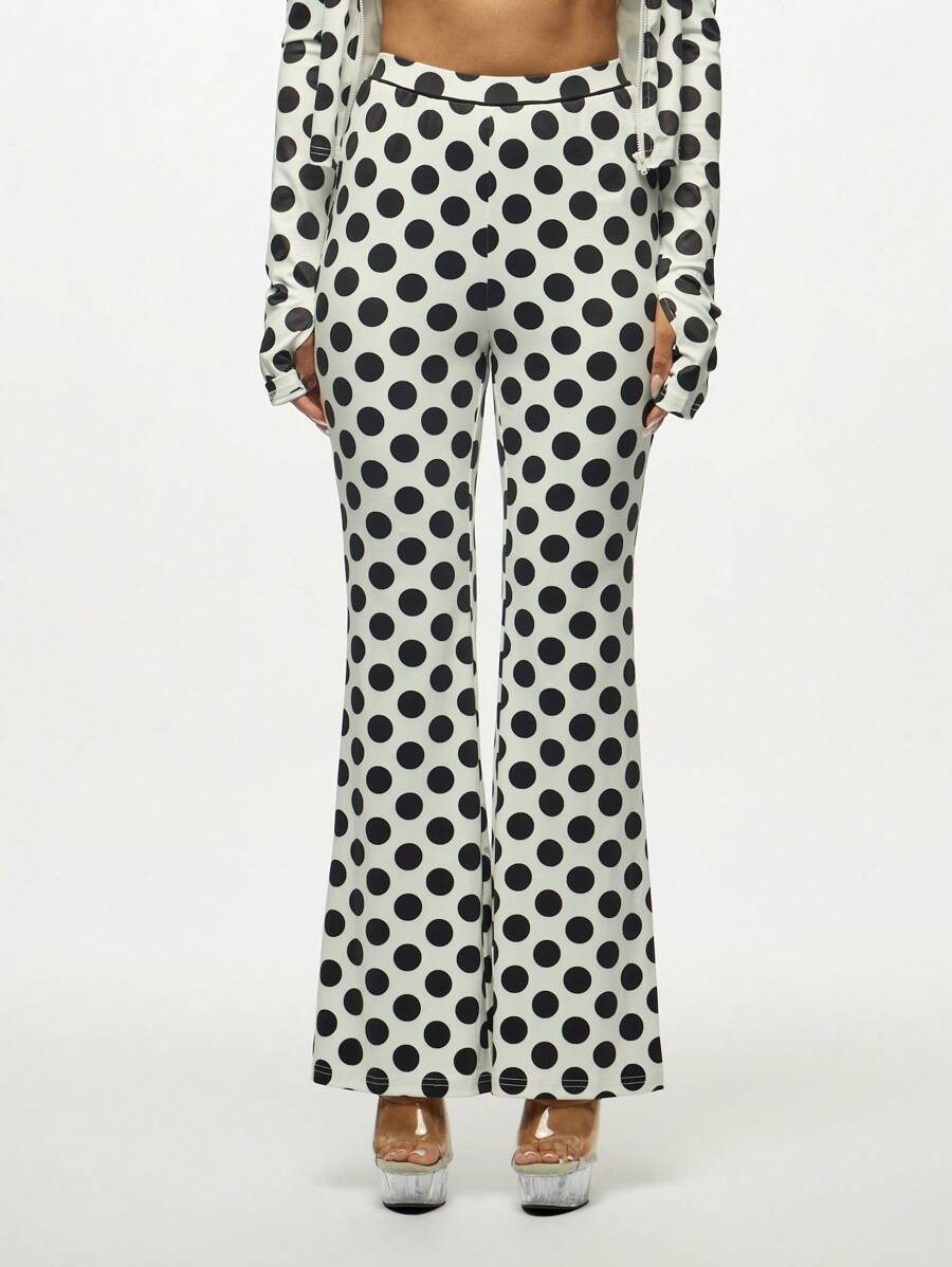 SUMWON WOMEN Polka Dot Flared Pants Festival Y2K High Waist Retro Disco Bell Bottom Dancing Clubwear Party Evening Wide Leg Trousers With Clear Platform Heels - White - View 1