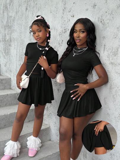 SHEIN Tween Girl Summer Casual Basic Style, Sports Style, Simple Round Neck, Short Sleeves, Pleated Short Dress