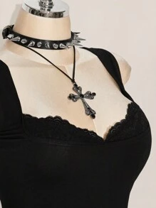 SHEIN ICON ICON 大码纯色女士休闲无袖上衣，适合夏季穿着，哥特风蕾丝边饰朋克风黑色上衣，锐舞风上衣 - 黑色 - 查看 9