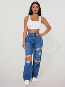 SHEIN PETITE Women's High Waist Pockets Distressed Wide Leg Loose Casual Versatile Denim Jeans - Blue - View 5