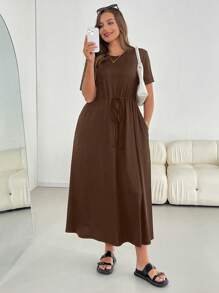 Shapeblank Plus-Size Women's Summer Dress, Short-Sleeved Dress, Black Dress, Casual Women's Clothing Summer Dresses For Women Holiday Dress - Brown - View 3