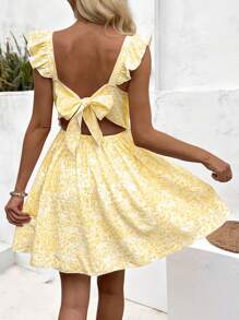 SHEIN LUNE Women's Casual Bow Print Tie Back Mini Dress With Flutter Sleeves - Yellow - View 3