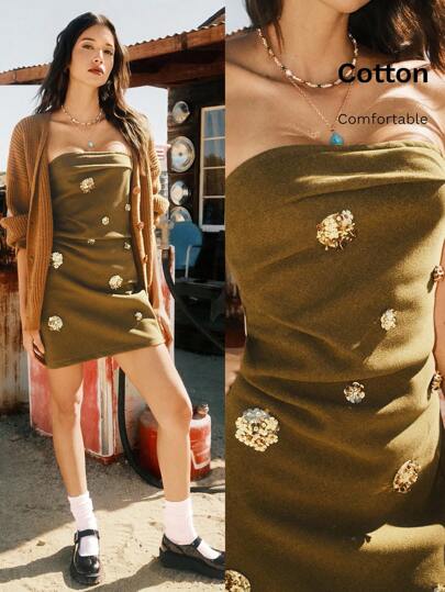 Easelle 芥末黄露肩金属装饰时尚女式夏季迷你连衣裙