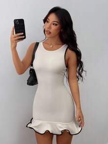 SHEIN PETITE Women's Ruffle Hem Sleeveless Mini Dress - Apricot - View 5