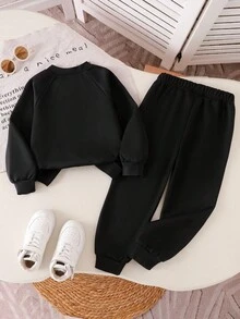 SHEIN 2件套女童休闲纯色插肩袖运动衫和裤子套装