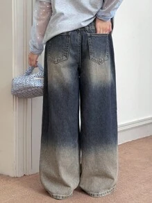 DAZY Tween 女童休闲破洞阔腿牛仔裤 - 藍色 - 查看 8