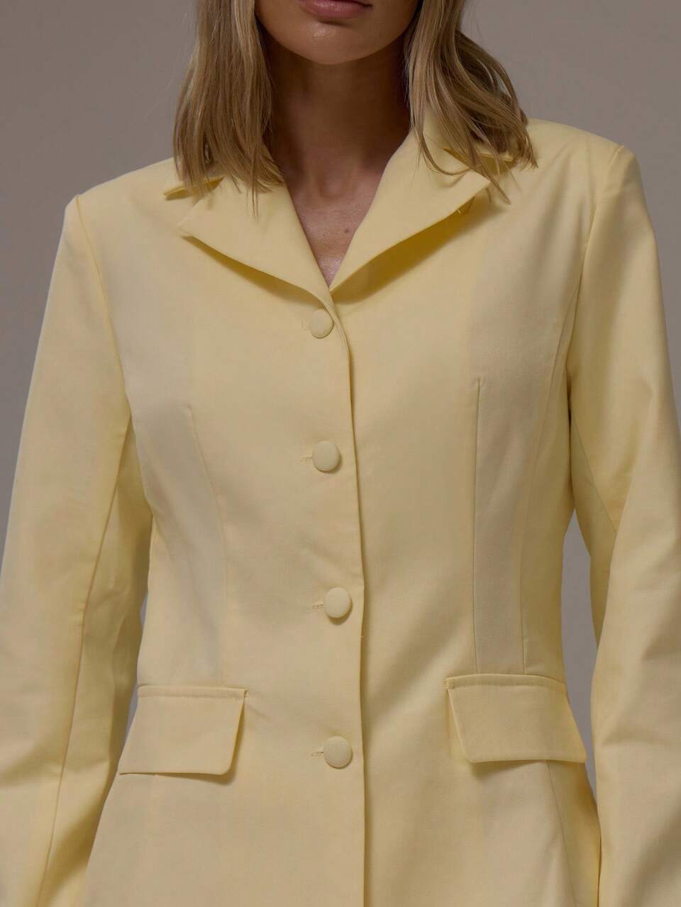 Tailored Blazer Suit Pale Yellow Summer Chic Office Elegant Professional Business Casual Long Line Pockets Old Money Wedding Guest Vintage