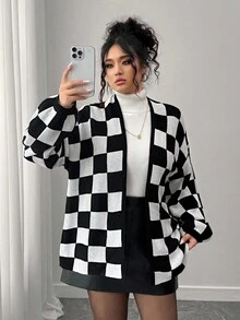 Elenzga Gothic Academia Check Detail Halloween Autumn/Winter Fashion Casual Color Block Checkerboard Patchwork Women Loose Fit Plus Size Cardigan, Outerwear Suitable For Outing, Vacation, Party Black And White Checkered Cardigan