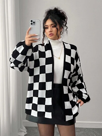 Elenzga Gothic Academia Check Detail Halloween Autumn/Winter Fashion Casual Color Block Checkerboard Patchwork Women Loose Fit Plus Size Cardigan, Outerwear Suitable For Outing, Vacation, Party Black And White Checkered Cardigan