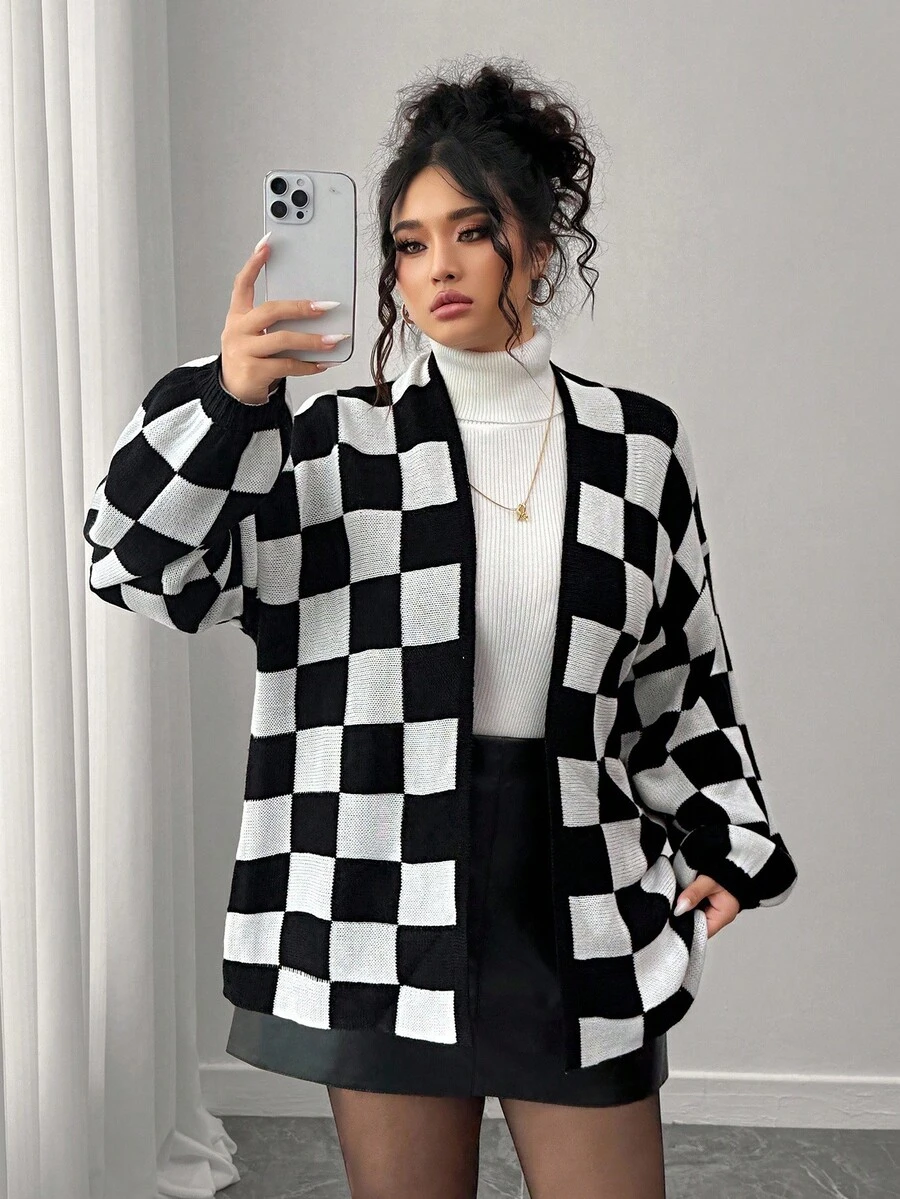 Elenzga Gothic Academia Check Detail Halloween Autumn/Winter Fashion Casual Color Block Checkerboard Patchwork Women Loose Fit Plus Size Cardigan, Outerwear Suitable For Outing, Vacation, Party Black And White Checkered Cardigan