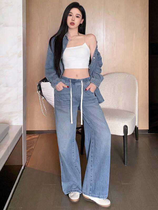 DAZY Women's Denim Suit, Washed Distressed Tie-Up Drawstring Shirt Top And Straight Leg Cargo Pants Set, Autumn/Winter,Fall Women Clothes