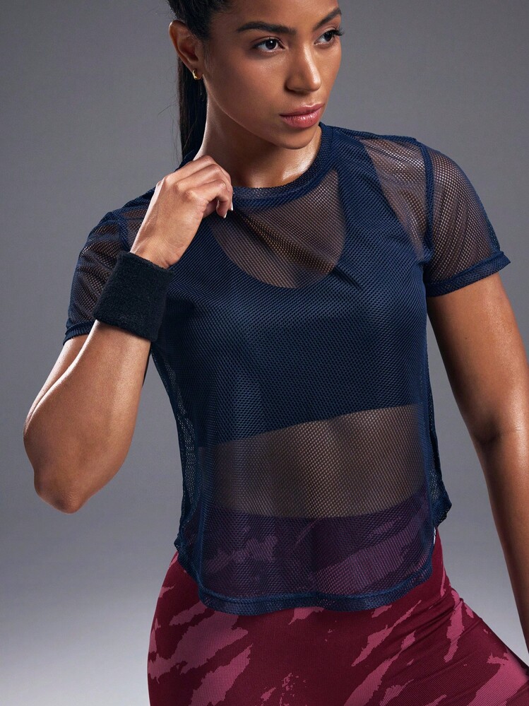 Powerista Tops de malla para mujer, camiseta deportiva azul para gimnasio - Azul Marino - Añade 4