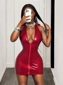 Mistrie 2025 性感镜面 PU 深 V 领修身紧身吊带俱乐部连衣裙 病毒之夜 - 酒紅色 - 查看 4