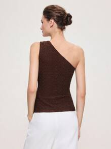 BizChic 2025 Novo Outono/Inverno Top Feminina de Tricô Texturizado com Ombro Assimétrico e Corte Assimétrico na Cor Marrom Café, Moderno e Elegante, Casual Urbano para Escritório, Adequado para Encontros, Festas, Passeios, Aeroportos, Concertos de Música Country Romântica, Estilo Coreano, Casamento, Aniversário, Halloween, Natal - Castanho - Visão 4