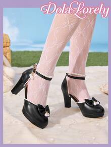 Dola Lovely Zapatos de tacón alto estilo Lolita con decoración de perla y lazo, zapatos de plataforma de punta redonda estilo princesa dulce para mujer - Negro - Ver 4