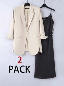 SHEIN LUNE Women Casual Solid Color Lapel NeckBlazer & Slip Dress 2-Piece Suit Set, For Commuting Blazer Dress Office Outfits For Women Business Casual Dress Women Blazer Work Outfits For Women Fall Clothes Airport Outfit For Women Old Money Style Women Fall Outfits Women Winter Outfit For Women Office Attire For Women Business Casual Women Office Outfits For Women Work Dresses For Women Office Dress Teacher Outfits For Women - Navy Blue - View 1