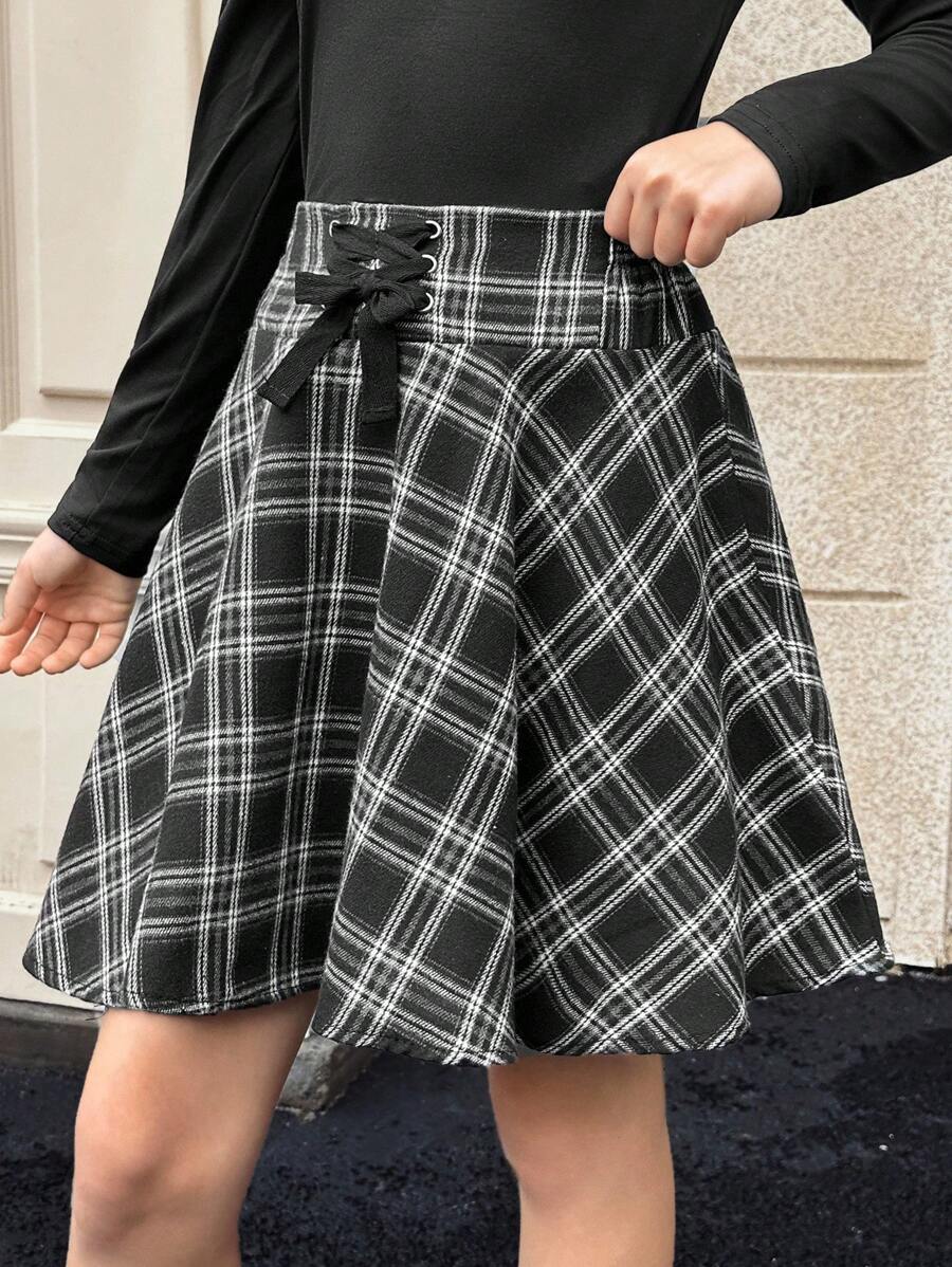 SHEIN 青少年女孩格子印花系带高腰喇叭裙 - 黑色 - 查看 1
