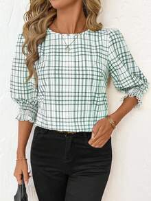 SHEIN Clasi 女士休闲宽松圆领中袖衬衫 - 綠色 - 查看 5