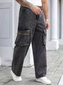 Manfinity Homme Quần Cargo Streetwear Nam có túi lớn và thiết kế đinh tán bằng đồng, vải denim đã giặt - màu đen - Xem 6
