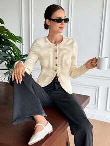 SHEIN Frenchy Women's Elegant Crew Neck Long Sleeve Textured Knit Cardigan,White Gold Button Waist-Defining Fit Sweater For Autumn Brunch,Christmas New Year Top - Grey - View 3