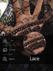 LanaWest Halloween Costume Black Round Neck Lace Long Sleeve Hollow Tassel Camisole Women's Western Casual 2 Pieces Set Fall Cloth For Women - Black - View 2