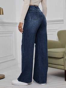 Casual Washed Distressed Straight Leg Jeans - Dark Wash - View 2