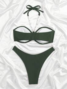 Swim Chiccia Women Summer Beach Solid Color Halter Tie Sexy Bikini Swimsuit Set - Army Green - View 2