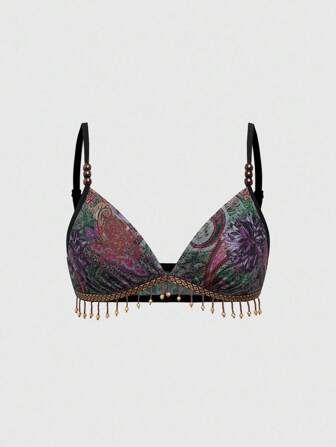 Top sin mangas con estampado de paisley, decoración de cuentas de madera y flecos, estilo hippie retro boho para vacaciones de verano en la playa. Se puede combinar con falda o pantalones.