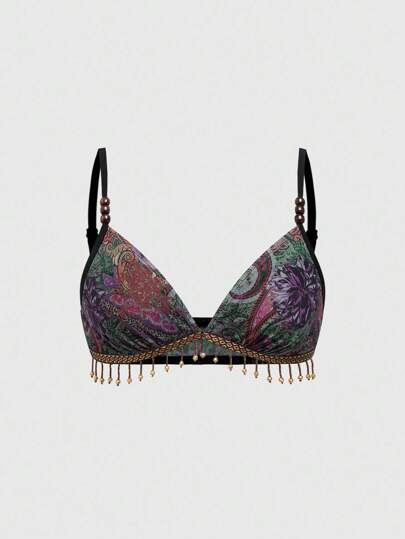 Top sin mangas con estampado de paisley, decoración de cuentas de madera y flecos, estilo hippie retro boho para vacaciones de verano en la playa. Se puede combinar con falda o pantalones.