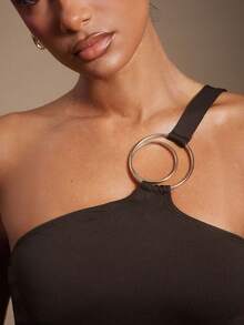 Hauture 女式纯色环状连接无袖时尚修身衬衫 - 卡其色 - 查看 4