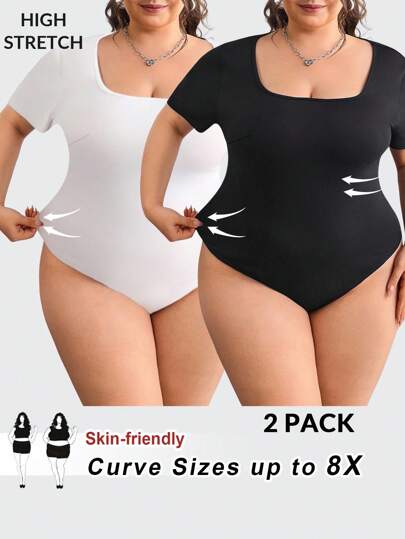SHEIN CURVE+ 2pcs Plus Size Black & White Short Sleeve Tight-Fitting Shirts Bodysuits For Women Plus Size Plus Size Bodysuits Body Suit Plus Size 2 Packs Plus Size Bodysuits Curvy Bodysuit