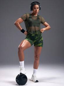 Powerista Sheer Workout Top,Ladies Mesh Workout Top Gym Women Shirts - Olive Green - View 4