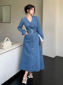 DAZY V 领金属扣腰带修身商务休闲长袖女士牛仔连衣裙，秋冬，秋季女装 - 中等水洗藍 - 查看 9