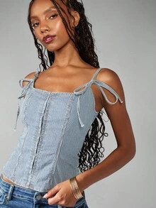 MISSGUIDED 复古风牛仔紧身胸衣背心，带钩眼扣细节系带肩带，后背褶饰，春夏节日休闲无袖 - 淺藍色 - 查看 7