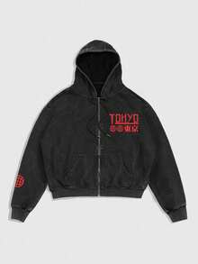 ROMWE MEN Anime Men's Acid-Washed Hooded Sweatshirt - Black - View 2