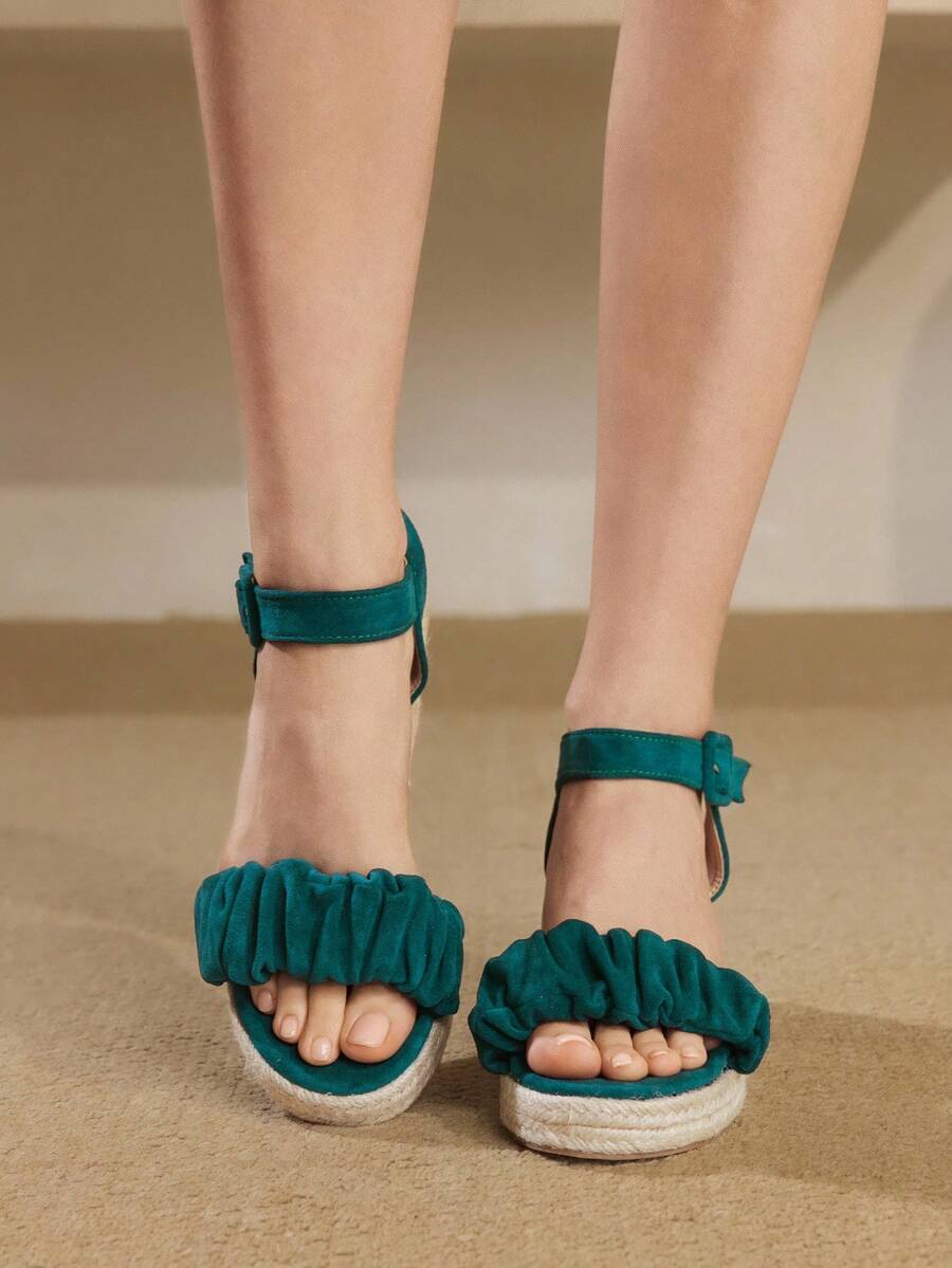 Styleloop Sandalias de cuña con suela gruesa tejida para mujer, zapatos con suela gruesa de estilo bohemio, adecuados para Halloween, Navidad, fiestas - Verde Oscuro - Ver 1
