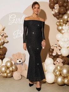 Loomaby 孕妇纯色亮片露肩长袖鱼尾下摆修身优雅连衣裙