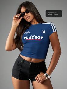 Missguided x Playboy Racing Club Crop Top Tee Motorcycle Flag Y2K Style Retro Checkered Flag Inspired Varsity Stripes Short Sleeve Classic Motor Club Collection Car Racing - Navy Blue - View 8