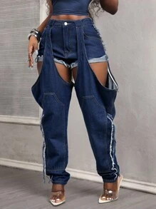 SHEIN BamGlam 时尚镂空口袋女式牛仔裤 - 深色水洗藍 - 查看 4