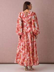 Enchnt Rochie elegantă pentru femei cu imprimeu floral, decolteu în V, mâneci tip felinar, tiv cu volane - roșu - Vizualizare 7