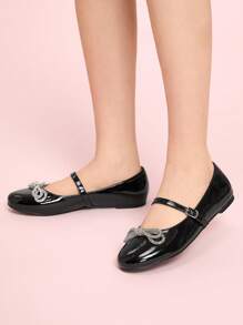 CUCCOO DOLLMOD Women's Black Patent Leather Rhinestone Bow Decor T-Strap Mary Jane Flats, Fashionable & Cute - Black - View 3