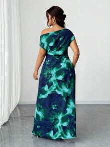 Elenzga 加大码印花性感不对称领口褶饰腰部优雅连衣裙