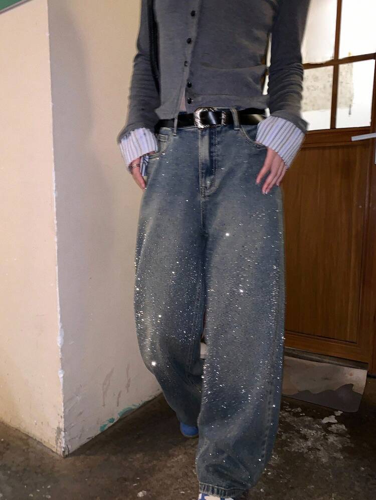 Women's Rhinestone Embellished Casual Mid-Length Baggy Jeans