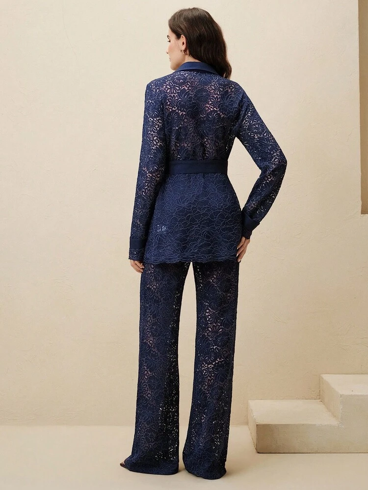 Women's Lace Hollow-Out Elegant Office Wear Long Sleeve Blazer & Pants Suit, Spring/Summer